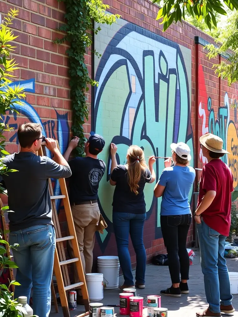 A photograph capturing a group of artists collaborating on a mural project, showcasing the collective's commitment to community engagement and artistic innovation.