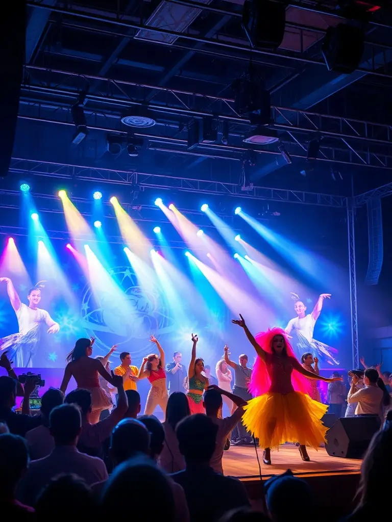 A dynamic shot of a cultural event hosted by PICTURALS J-C LEROUX, featuring live music, art installations, and community participation.