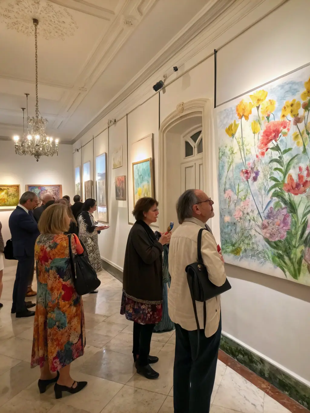 A photograph capturing the opening night of an art exhibition at PICTURALS J-C LEROUX, featuring attendees admiring the displayed artworks and interacting with the artists.