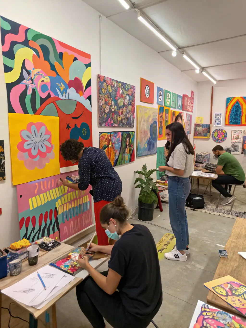 A dynamic image of a painting workshop in progress, led by artists from PICTURALS J-C LEROUX, with participants actively creating art.