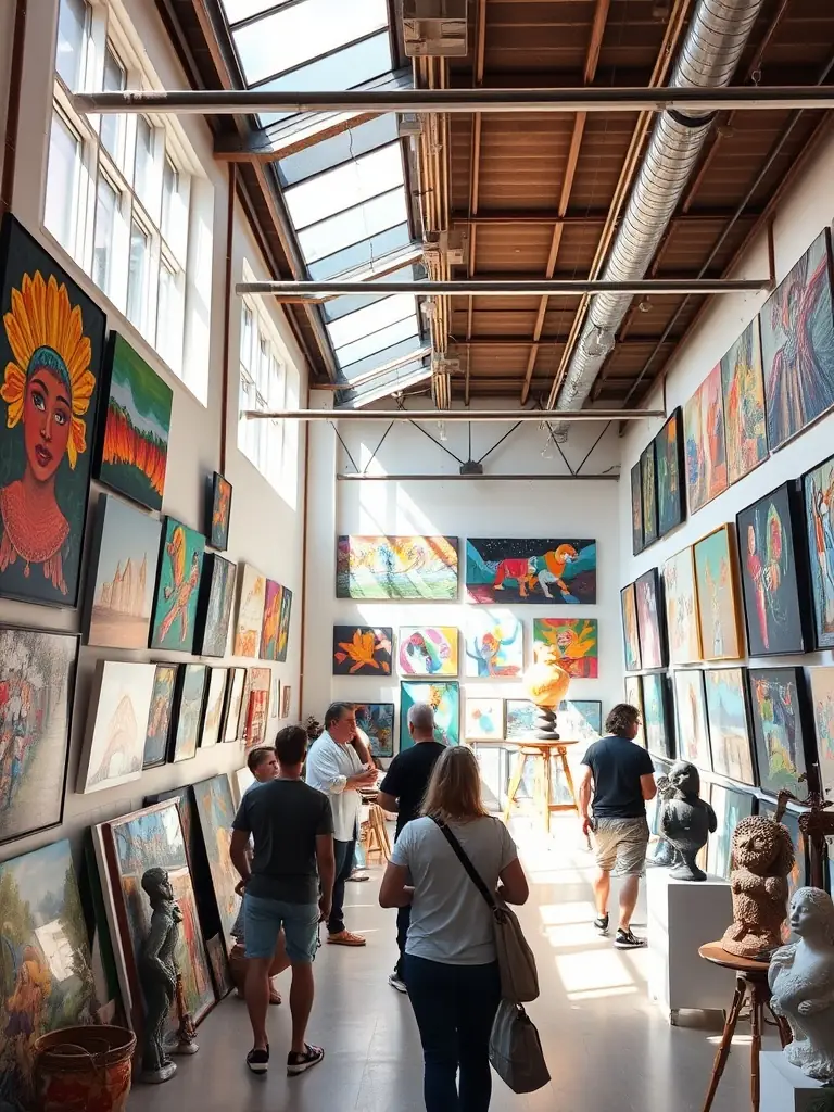 A photograph capturing a vibrant art exhibition hosted by PICTURALS J-C LEROUX, showcasing diverse artworks and engaged visitors.